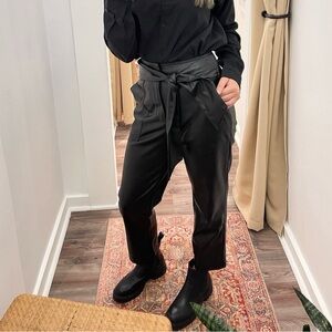 High-Waist Black Paperbag FAUX LEATHER Pants with Tie Belt